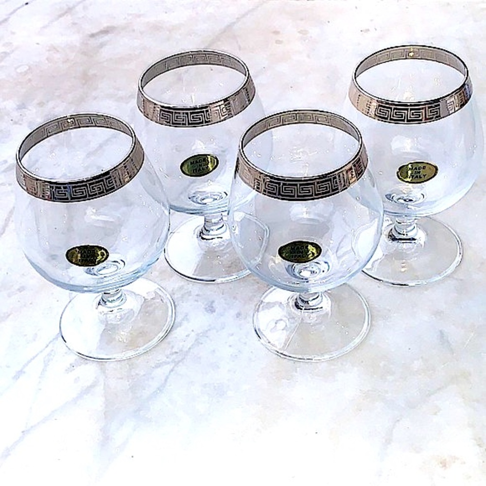 COLLECTION COGNAC GLASSES WITH GREEK SILVER RIM NIB 22 OZ SET OF 4
